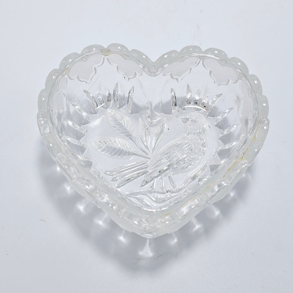 Heart Shaped Candy Dish Cut Crystal Bird and leaves Cut into Heart